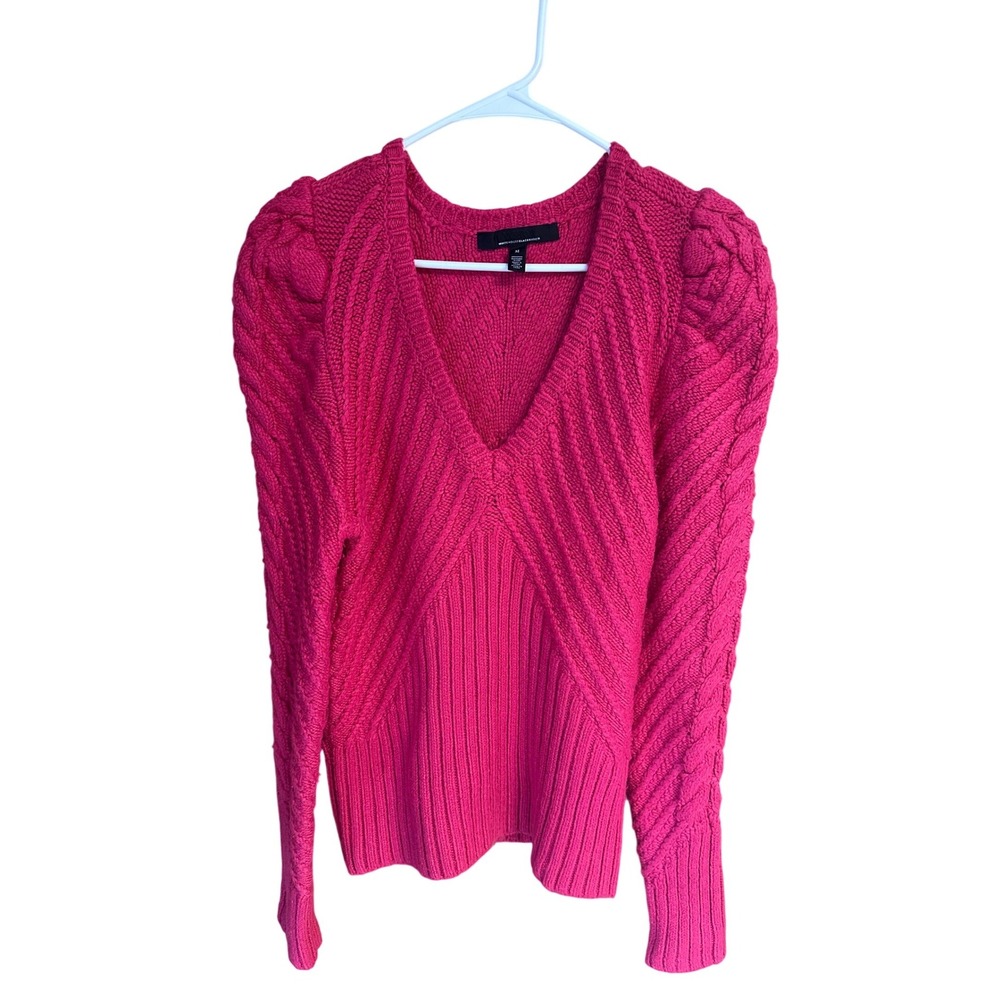White House Black‎ Market Hot Pink V-Neck Puff Sleeve Cable Knit Sweater Medium